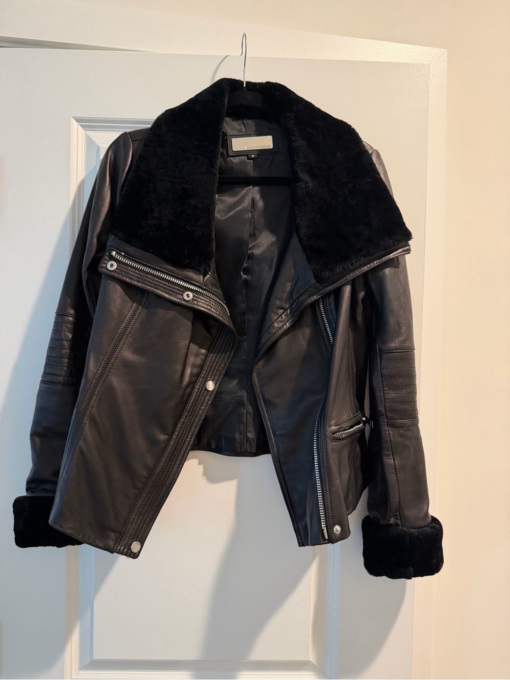 Leather Black Faux Fur Collar Moto Jacket